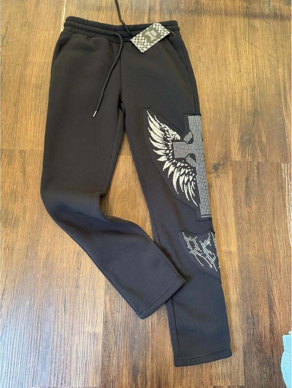 Rebel Minds Black Jogger Pants Rhinestone Cross Wings Graphic Size S Streetwear